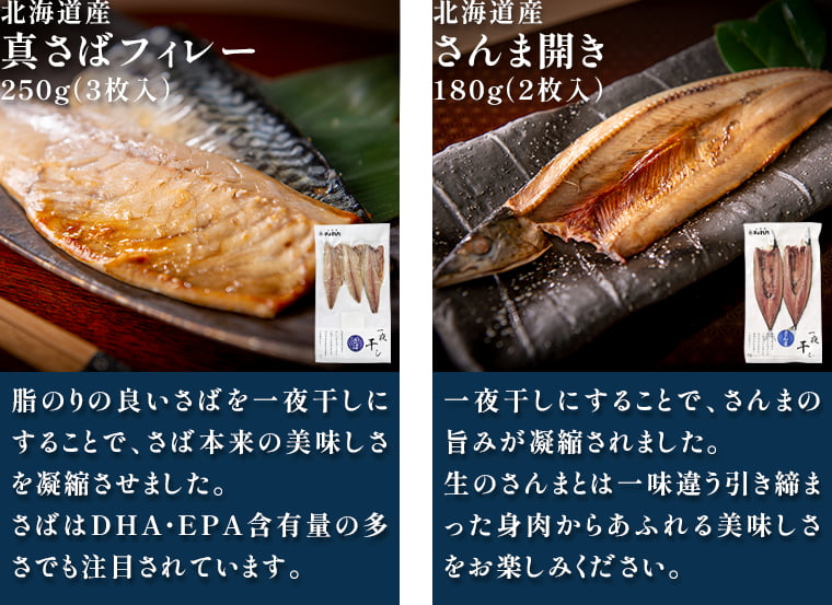 北海道産 真さばフィレー250g(3枚入):脂のりの良いさばを一夜干しにすることで、さば本来の美味しさを凝縮させました。DHA・EPA含有量の多さで注目されています。/北海道産 さんま開き180g(2枚入):一夜干しにすることで、さんまの旨みが凝縮されました。生のさんまとは一味違う引き締まった身肉からあふれる美味しさをお楽しみください。