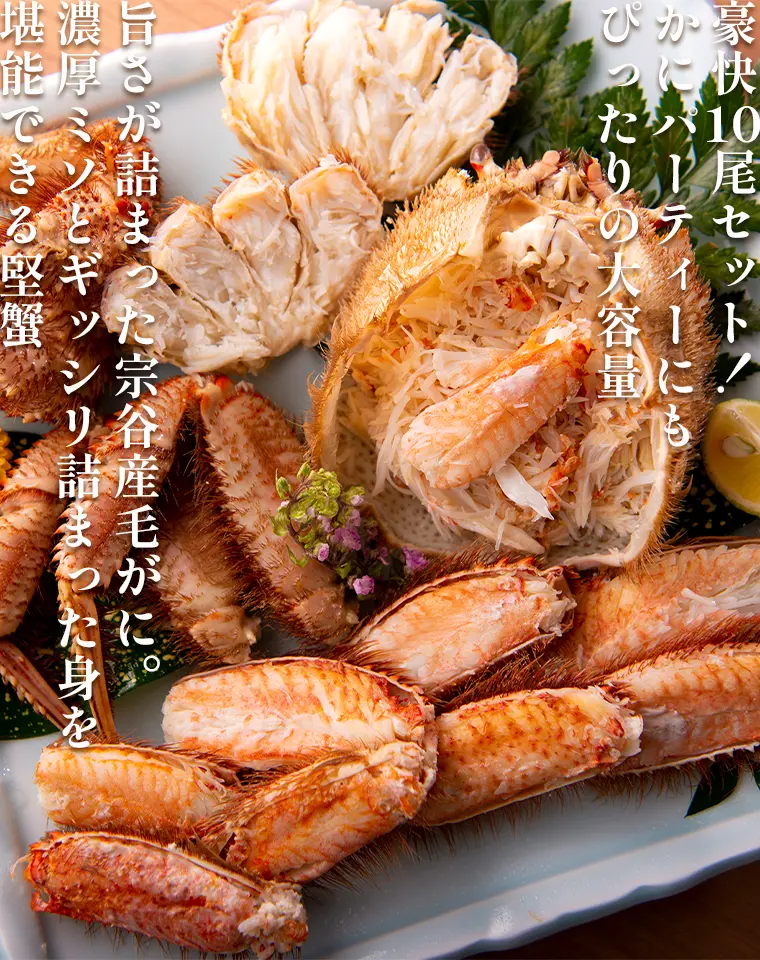豪快10尾セット！かにパーティーにもぴったりの大容量　旨さが詰まった宗谷産毛がに。濃厚ミソとギッシリ詰まった身を堪能できる堅蟹