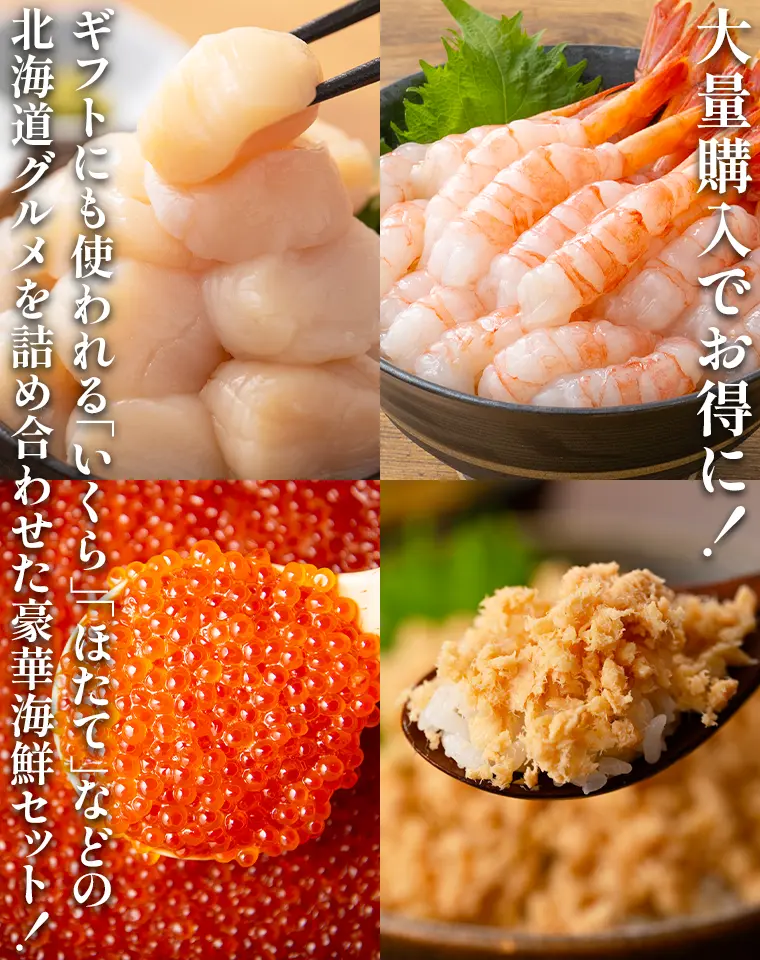 大量購入でお得に！ギフトにも使われる「いくら」「ほたて」などの北海道グルメを詰め合わせた豪華海鮮セット！
