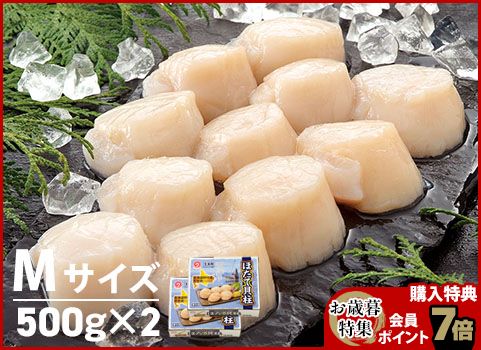 ほたて貝柱 500g×2・Mサイズ（北海道 野付産・刺身用冷凍）｜【北海道 